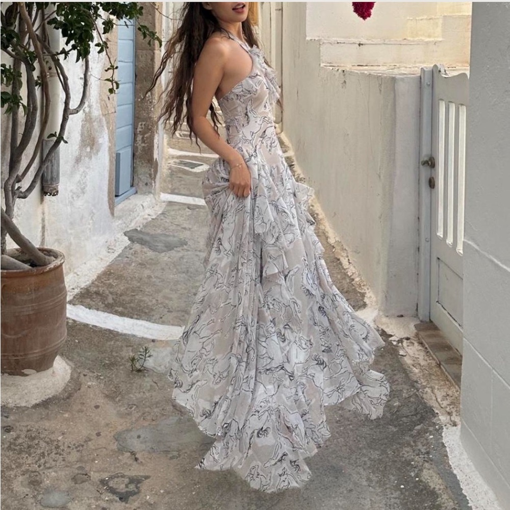 Ruffle maxi dress with prints